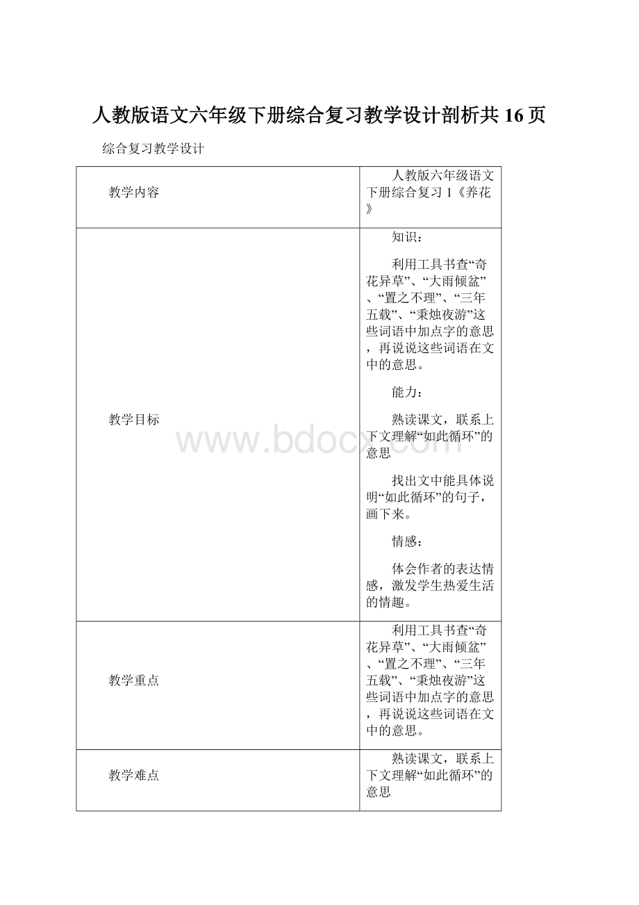 人教版语文六年级下册综合复习教学设计剖析共16页.docx