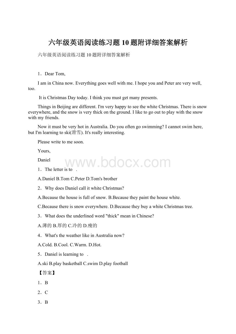 六年级英语阅读练习题10题附详细答案解析Word格式文档下载.docx_第1页