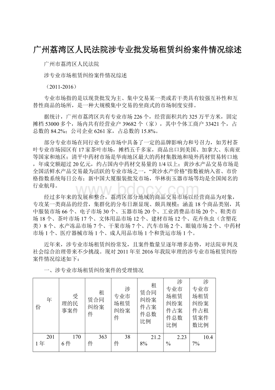 广州荔湾区人民法院涉专业批发场租赁纠纷案件情况综述.docx_第1页