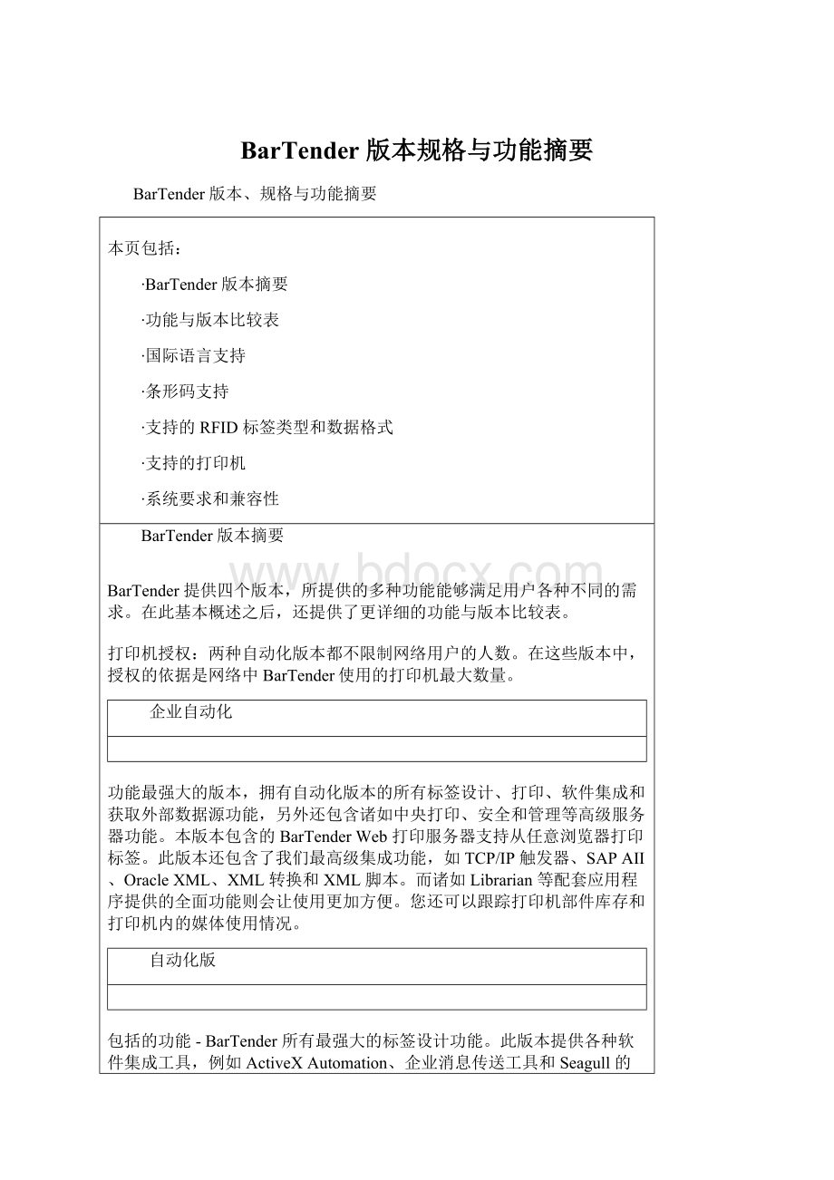 BarTender 版本规格与功能摘要Word文档格式.docx