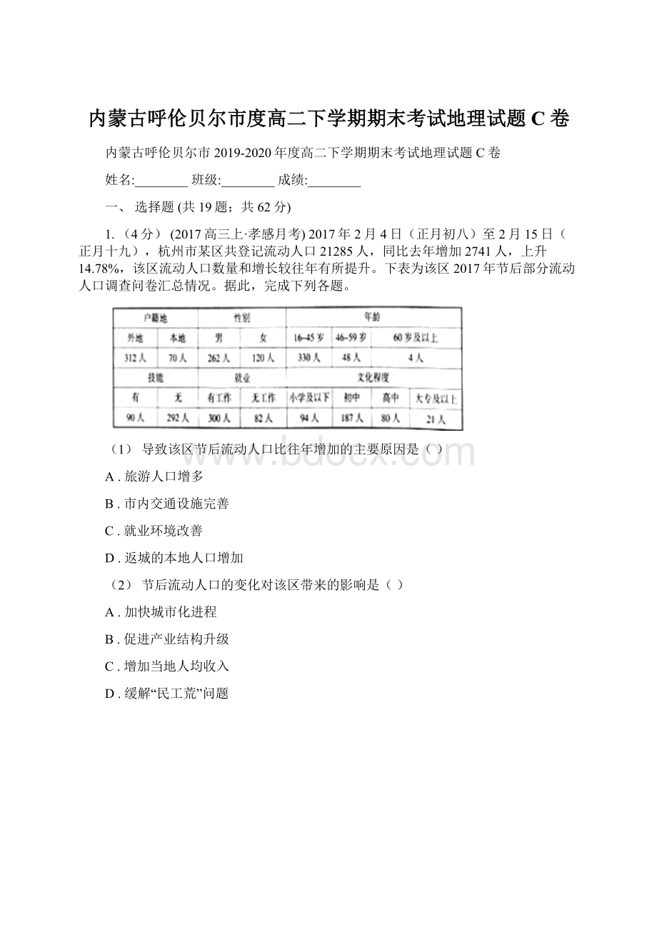 内蒙古呼伦贝尔市度高二下学期期末考试地理试题C卷文档格式.docx