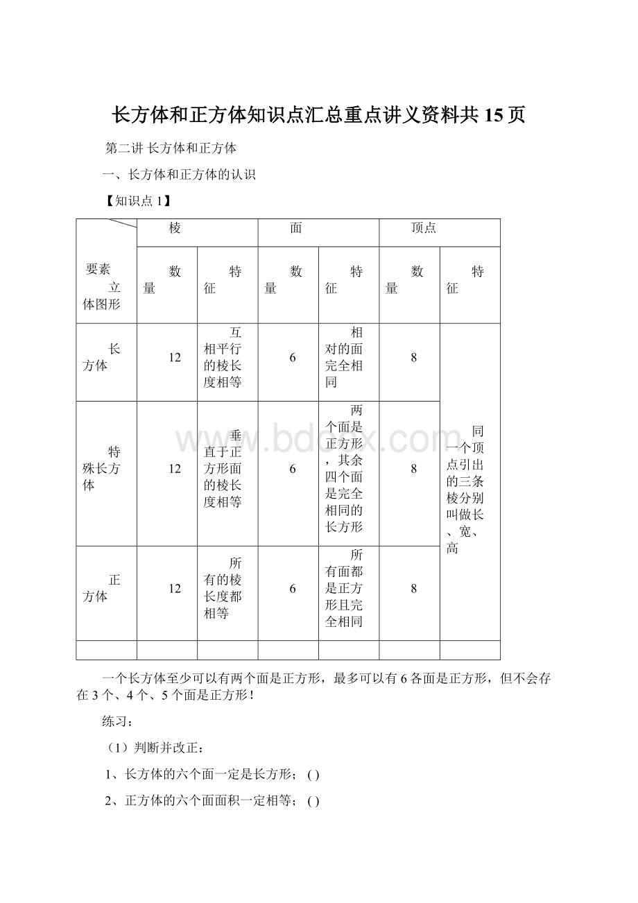 长方体和正方体知识点汇总重点讲义资料共15页Word文档格式.docx_第1页