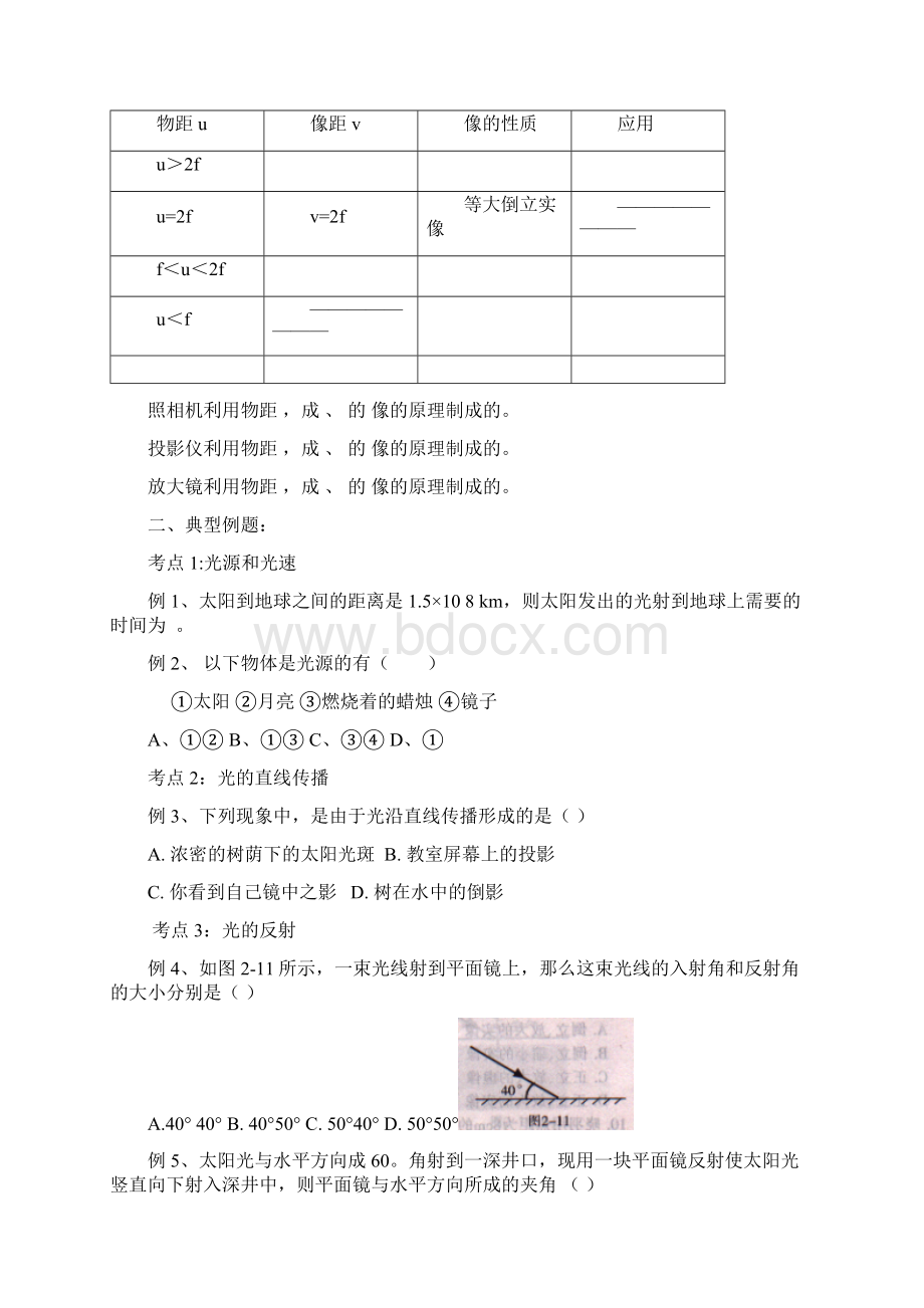 初中物理总复习光学部分知识结构和习题答案文档格式.docx_第3页