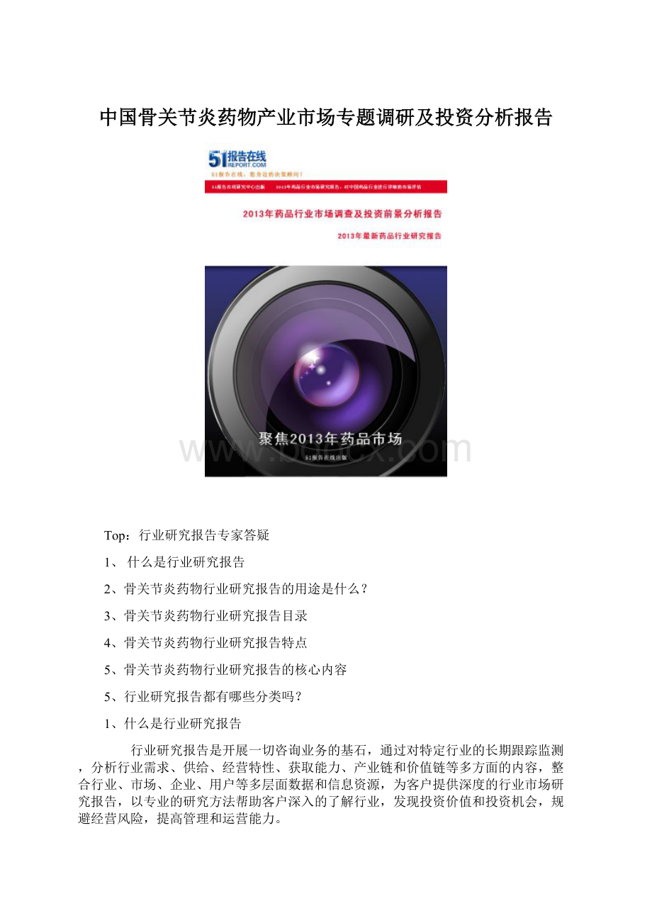 中国骨关节炎药物产业市场专题调研及投资分析报告Word格式.docx