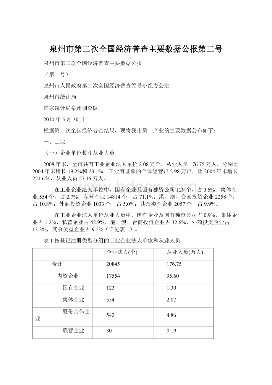 泉州市第二次全国经济普查主要数据公报第二号.docx_第1页