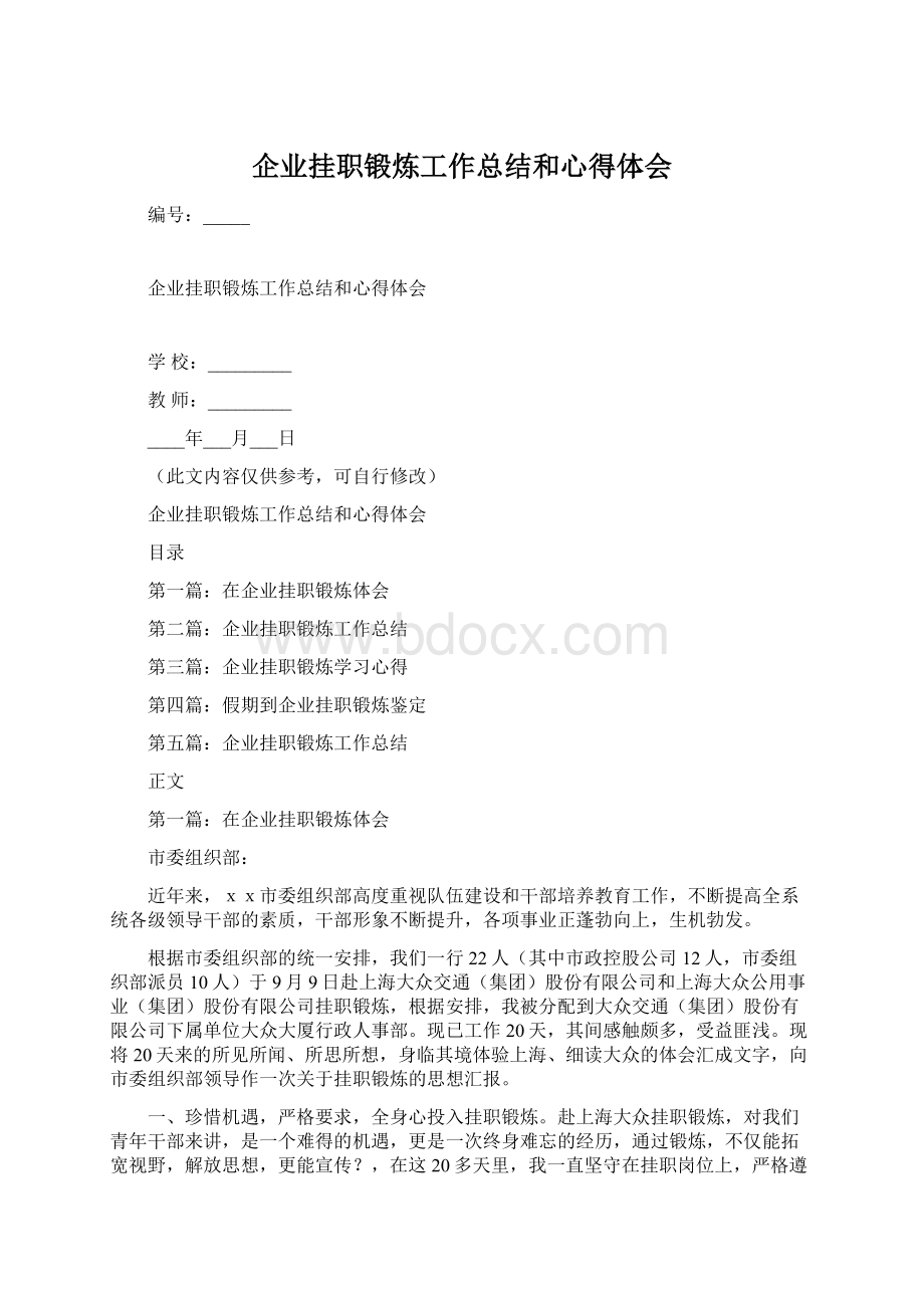 企业挂职锻炼工作总结和心得体会文档格式.docx