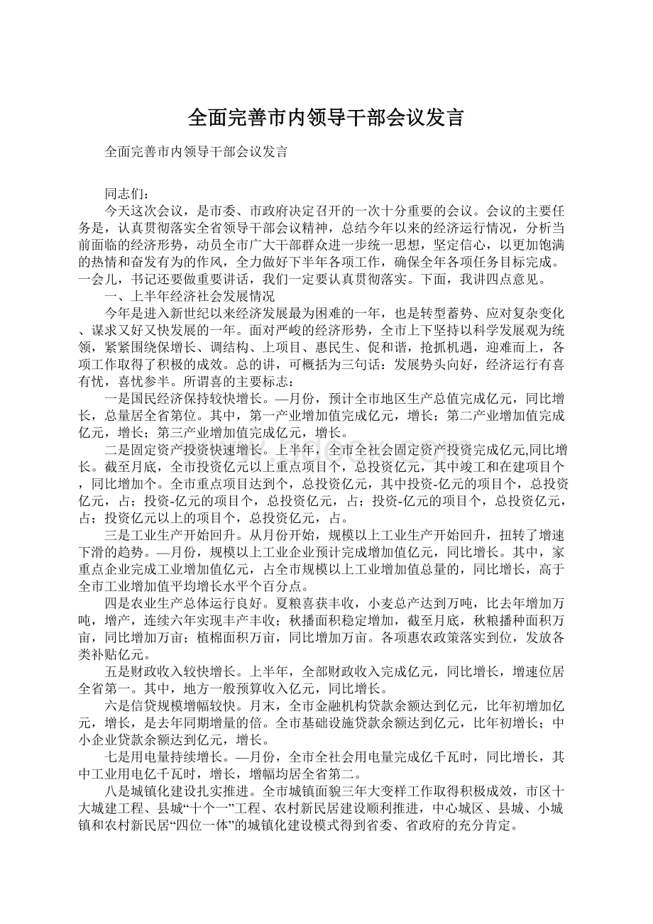 全面完善市内领导干部会议发言Word格式文档下载.docx_第1页