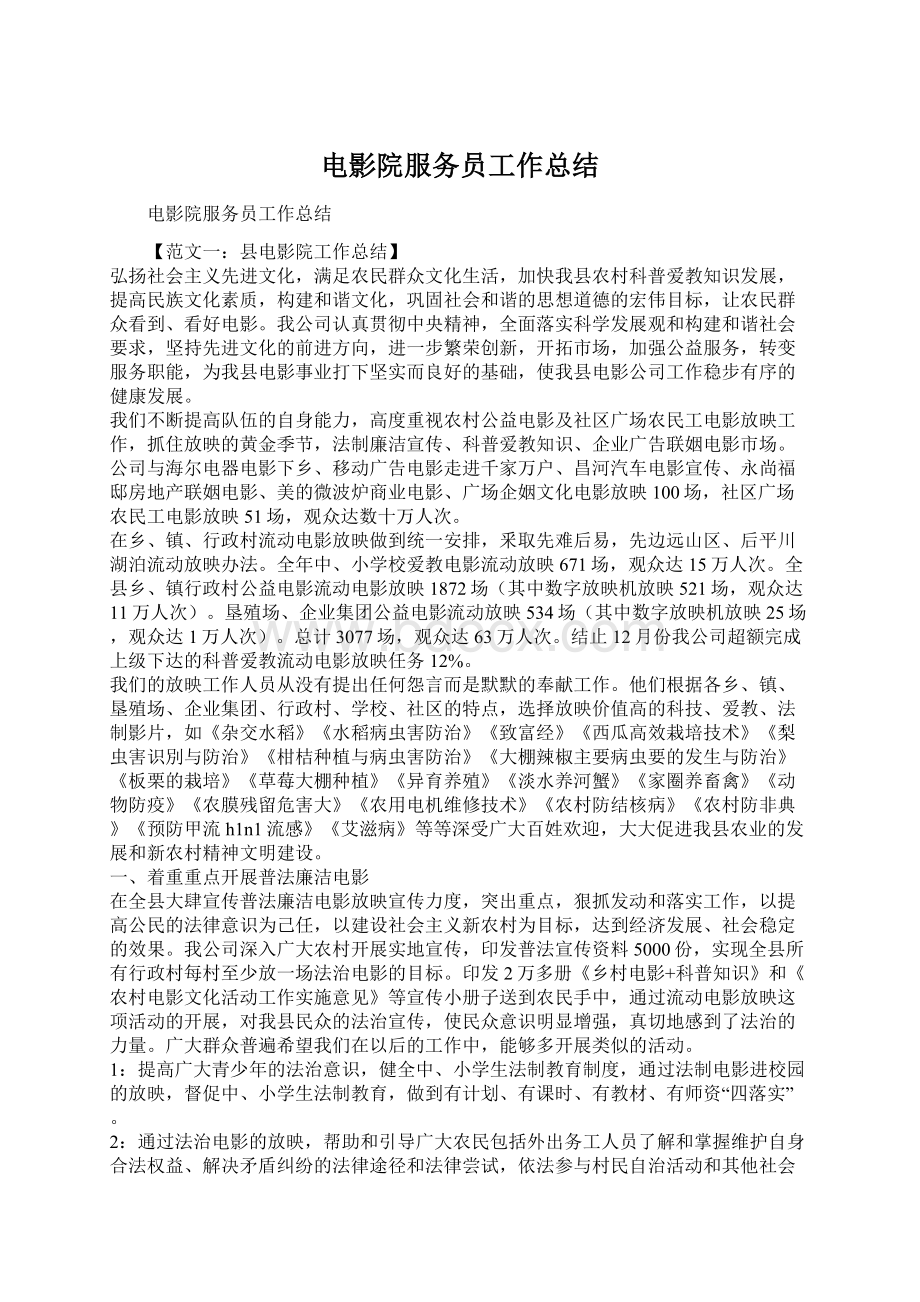 电影院服务员工作总结Word下载.docx