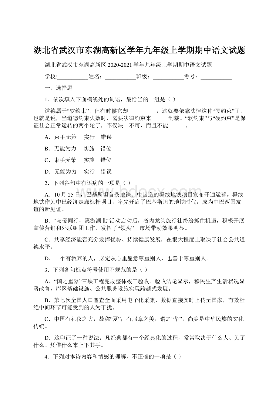 湖北省武汉市东湖高新区学年九年级上学期期中语文试题.docx