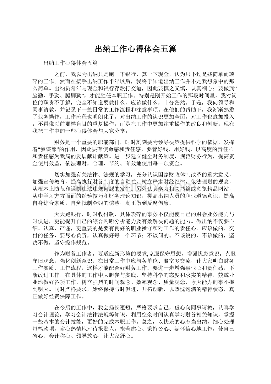 出纳工作心得体会五篇Word下载.docx