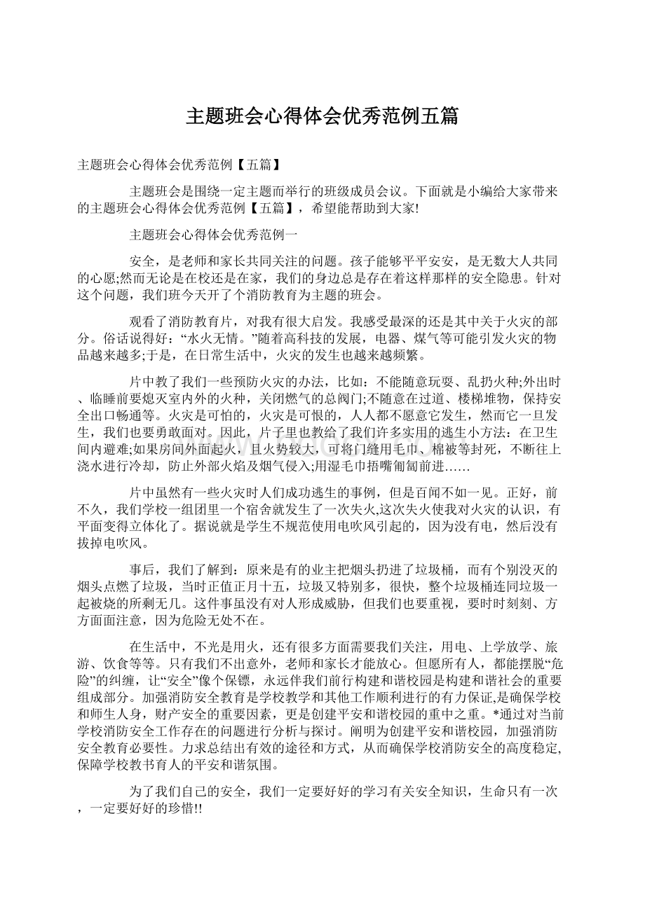 主题班会心得体会优秀范例五篇文档格式.docx_第1页