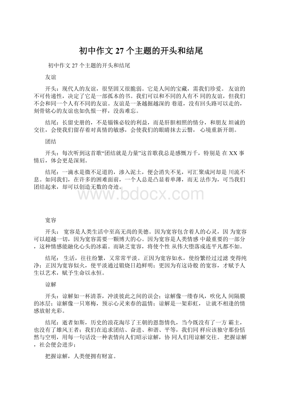 初中作文 27 个主题的开头和结尾Word文档格式.docx