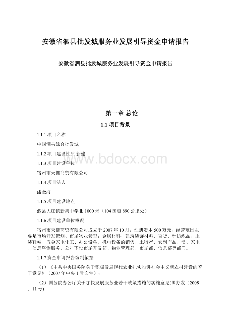 安徽省泗县批发城服务业发展引导资金申请报告.docx_第1页