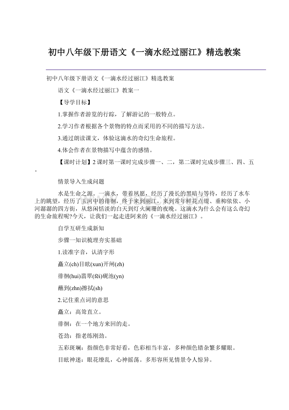 初中八年级下册语文《一滴水经过丽江》精选教案Word下载.docx