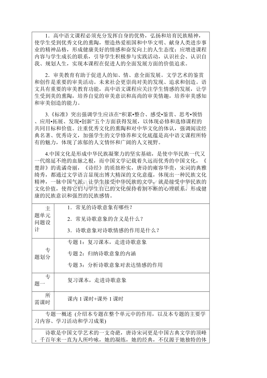 高中高二语文 诗歌的意象主题单元设计主题单元设计Word文档下载推荐.docx_第3页