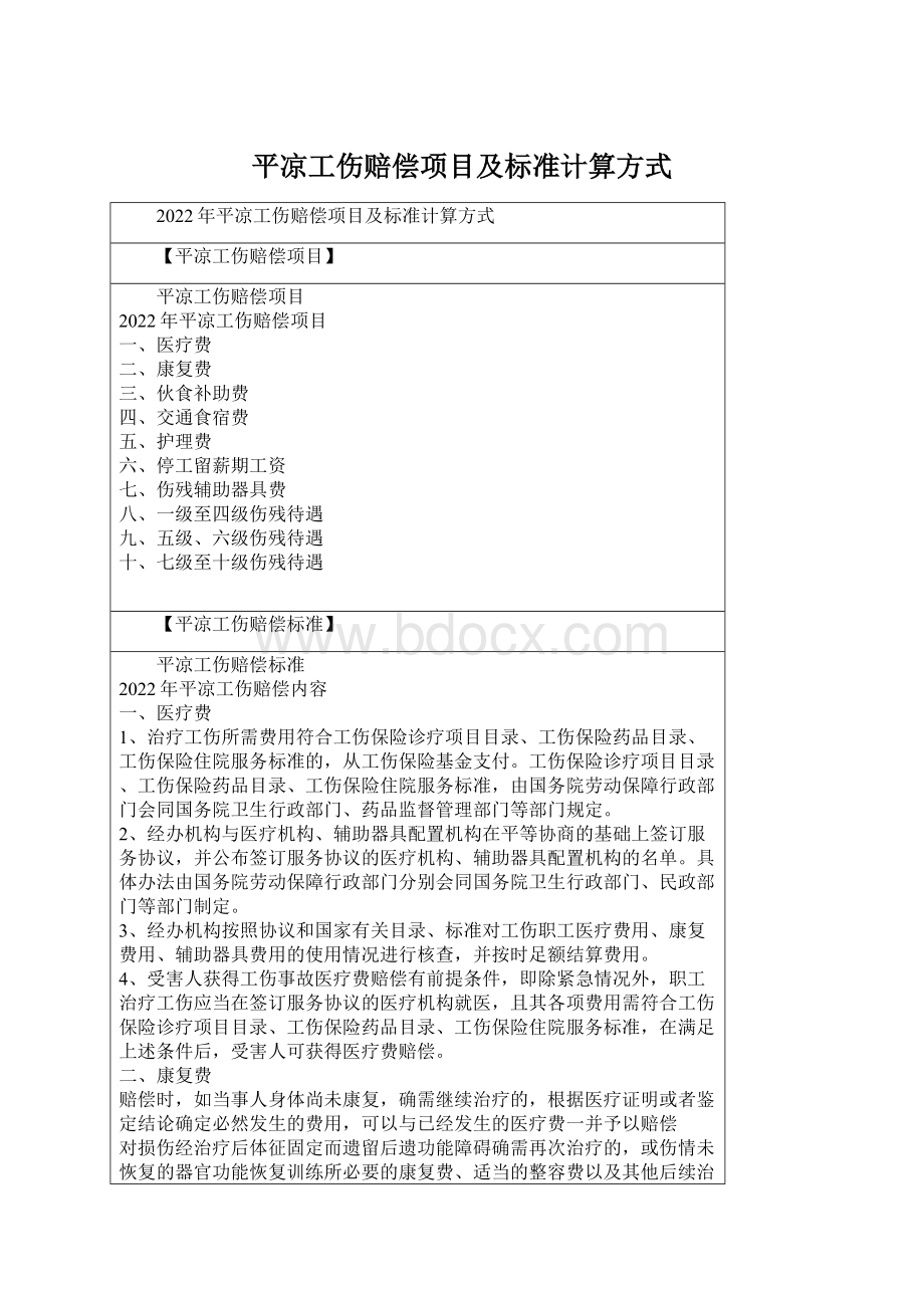 平凉工伤赔偿项目及标准计算方式.docx_第1页