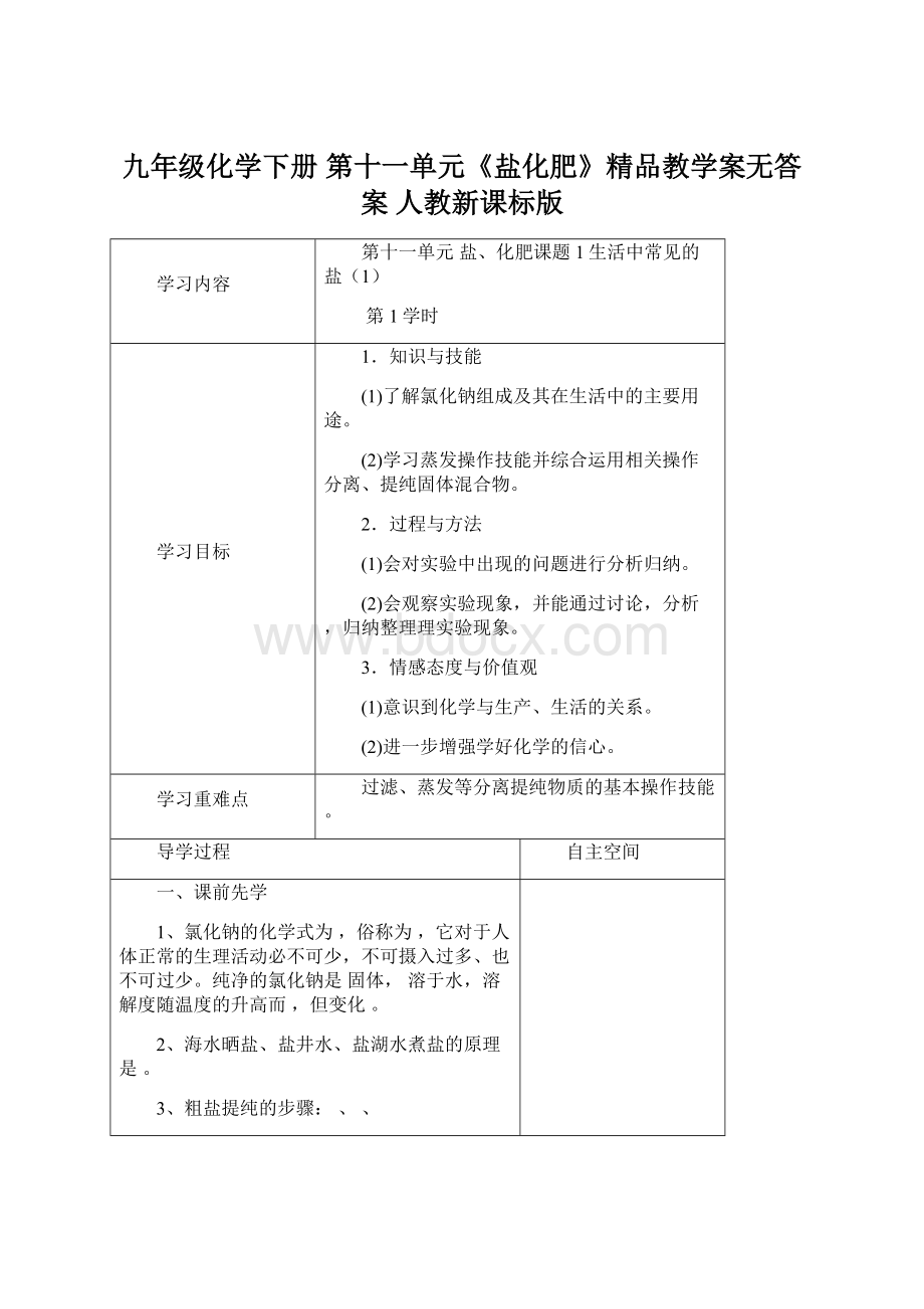 九年级化学下册 第十一单元《盐化肥》精品教学案无答案 人教新课标版.docx_第1页