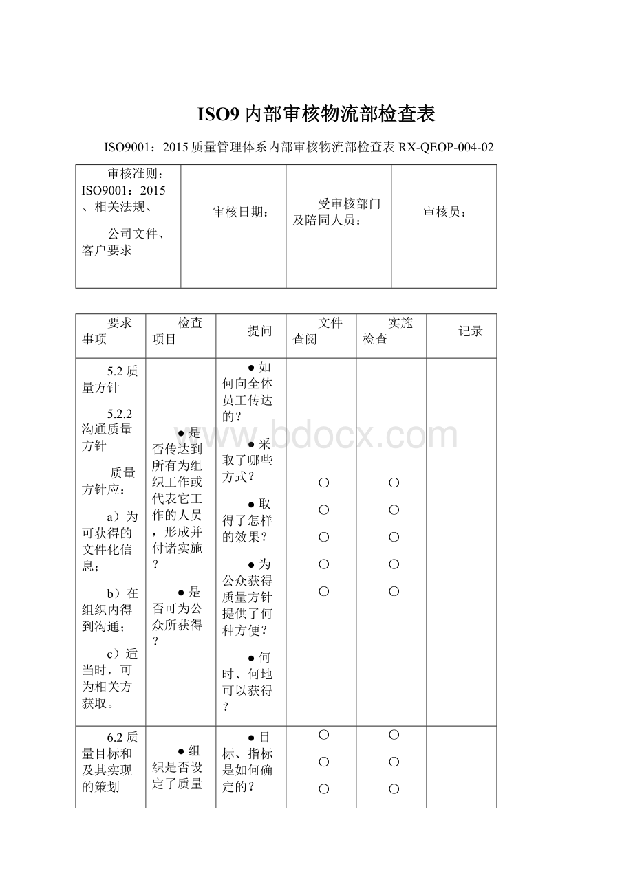 ISO9内部审核物流部检查表.docx_第1页