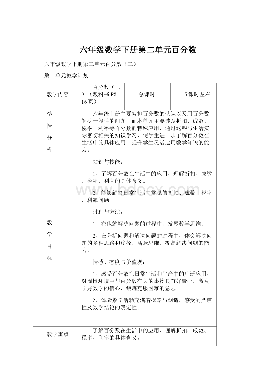 六年级数学下册第二单元百分数Word文档下载推荐.docx_第1页