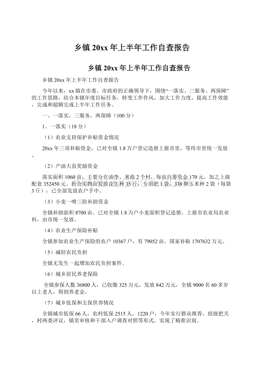 乡镇20xx年上半年工作自查报告Word文档下载推荐.docx