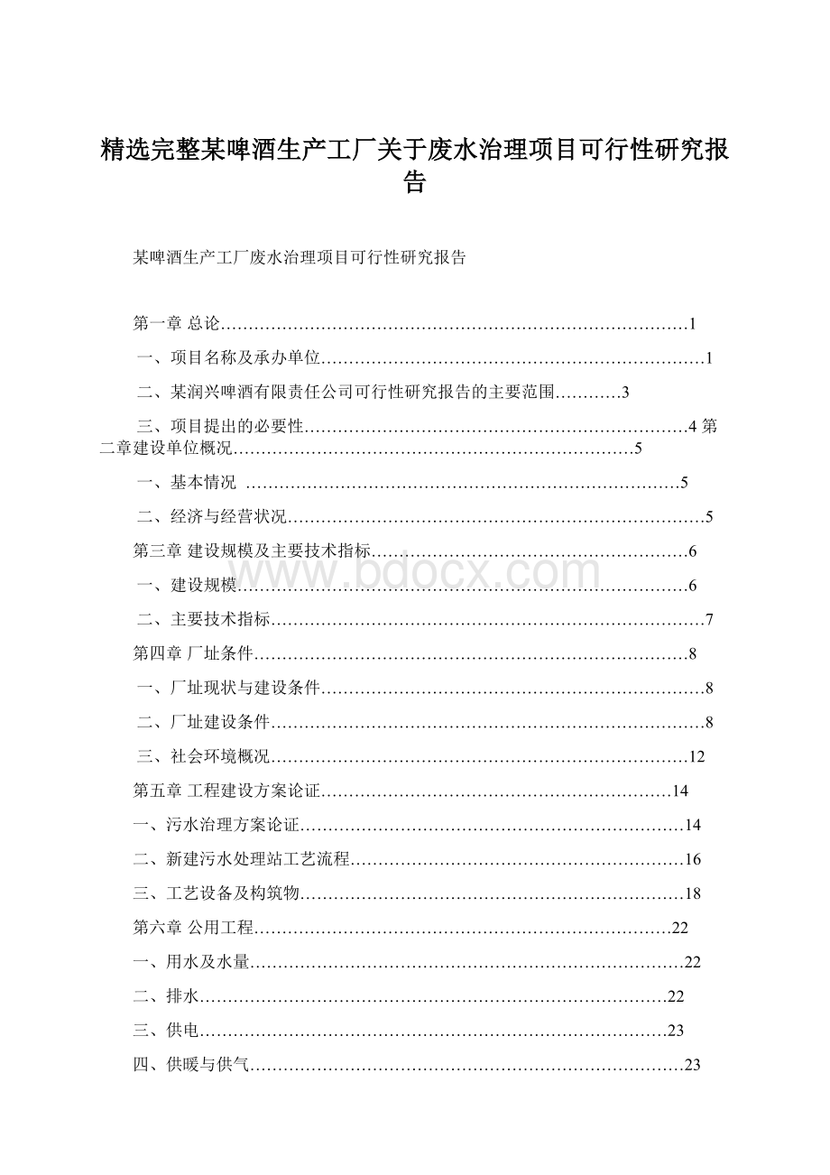 精选完整某啤酒生产工厂关于废水治理项目可行性研究报告Word格式文档下载.docx_第1页