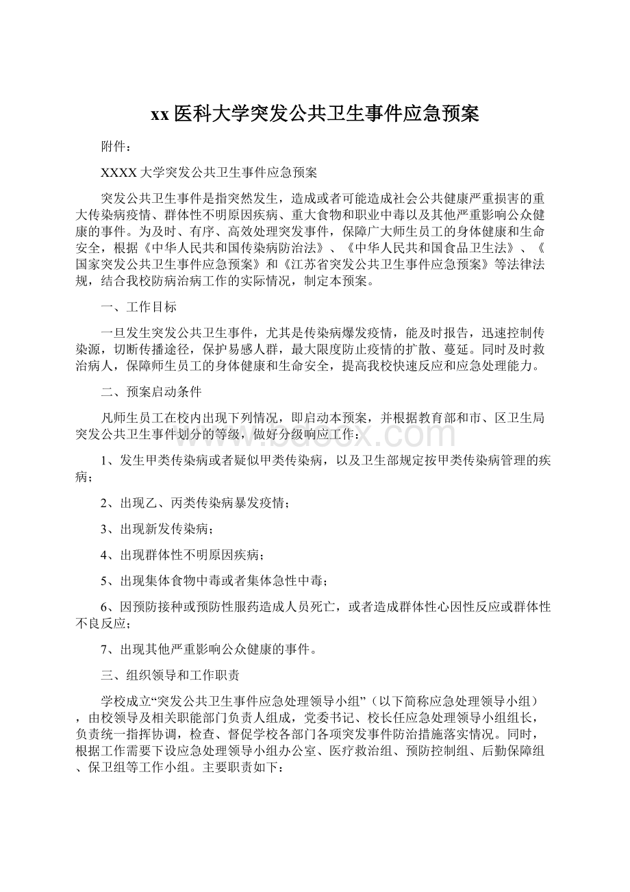 xx医科大学突发公共卫生事件应急预案Word格式文档下载.docx