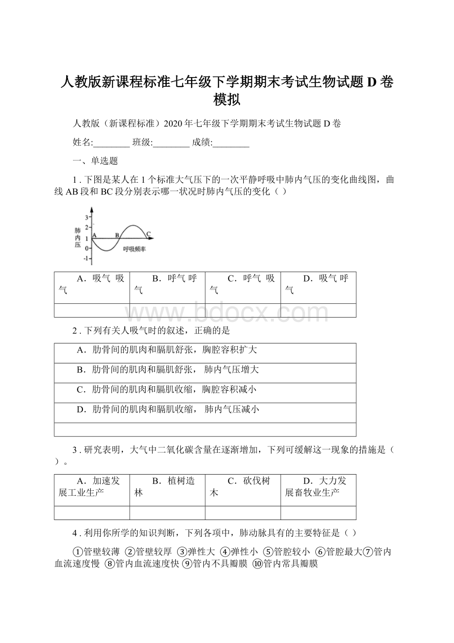 人教版新课程标准七年级下学期期末考试生物试题D卷模拟.docx_第1页