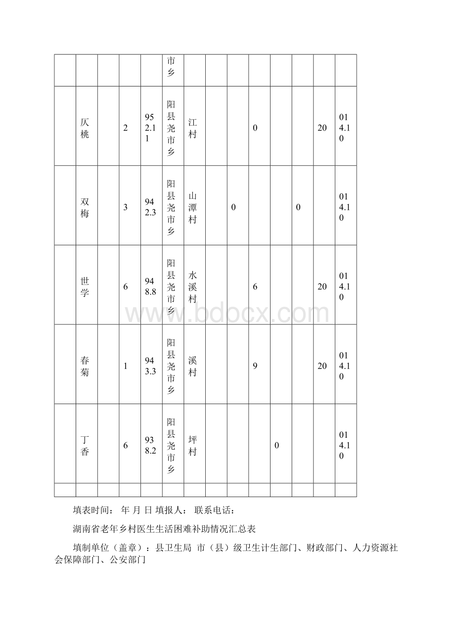 湖南省老年乡村医生生活困难补助情况汇总表Word下载.docx_第2页