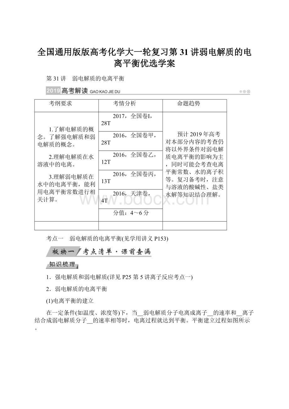 全国通用版版高考化学大一轮复习第31讲弱电解质的电离平衡优选学案Word下载.docx