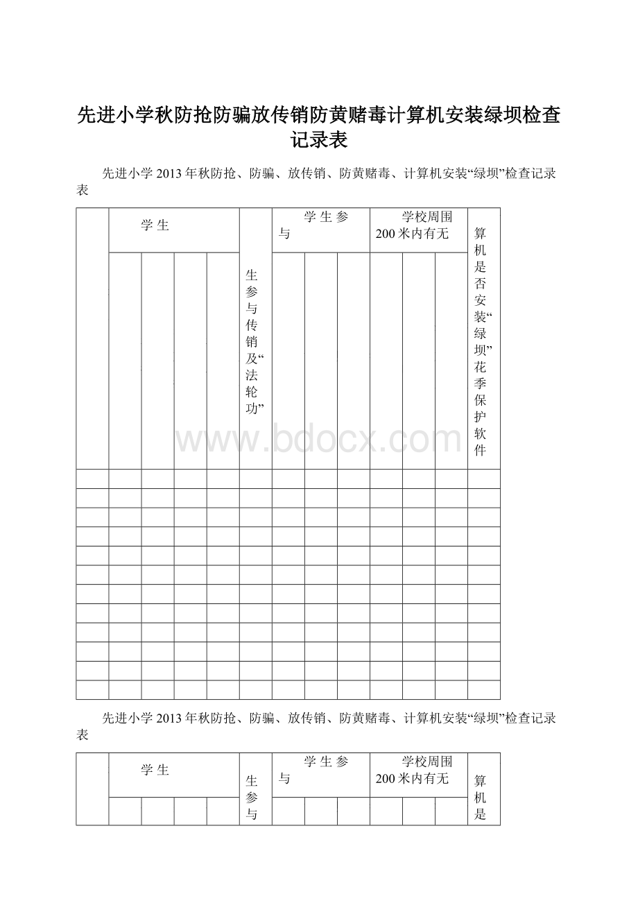 先进小学秋防抢防骗放传销防黄赌毒计算机安装绿坝检查记录表文档格式.docx