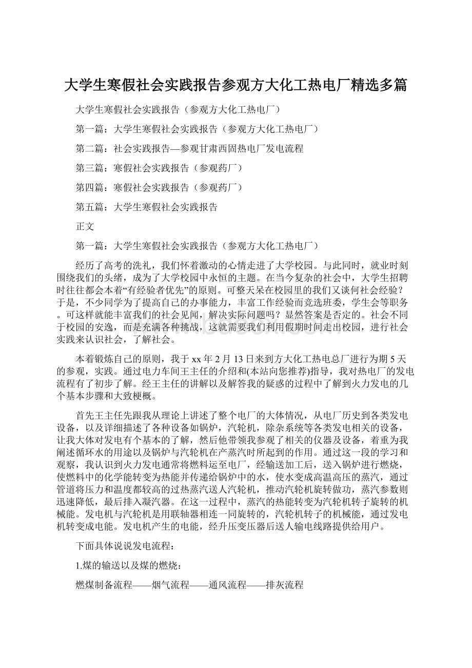 大学生寒假社会实践报告参观方大化工热电厂精选多篇Word下载.docx