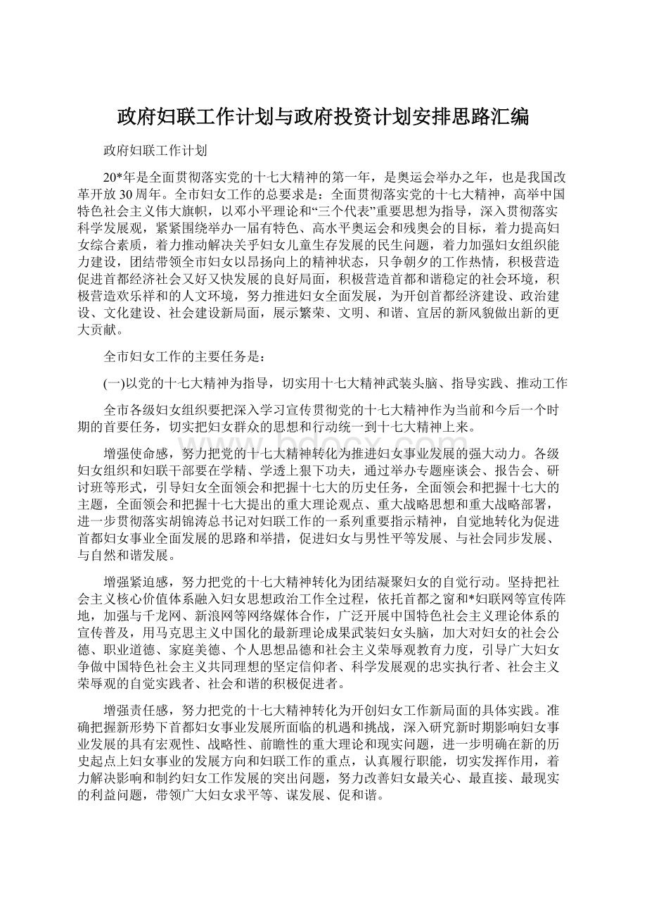 政府妇联工作计划与政府投资计划安排思路汇编.docx