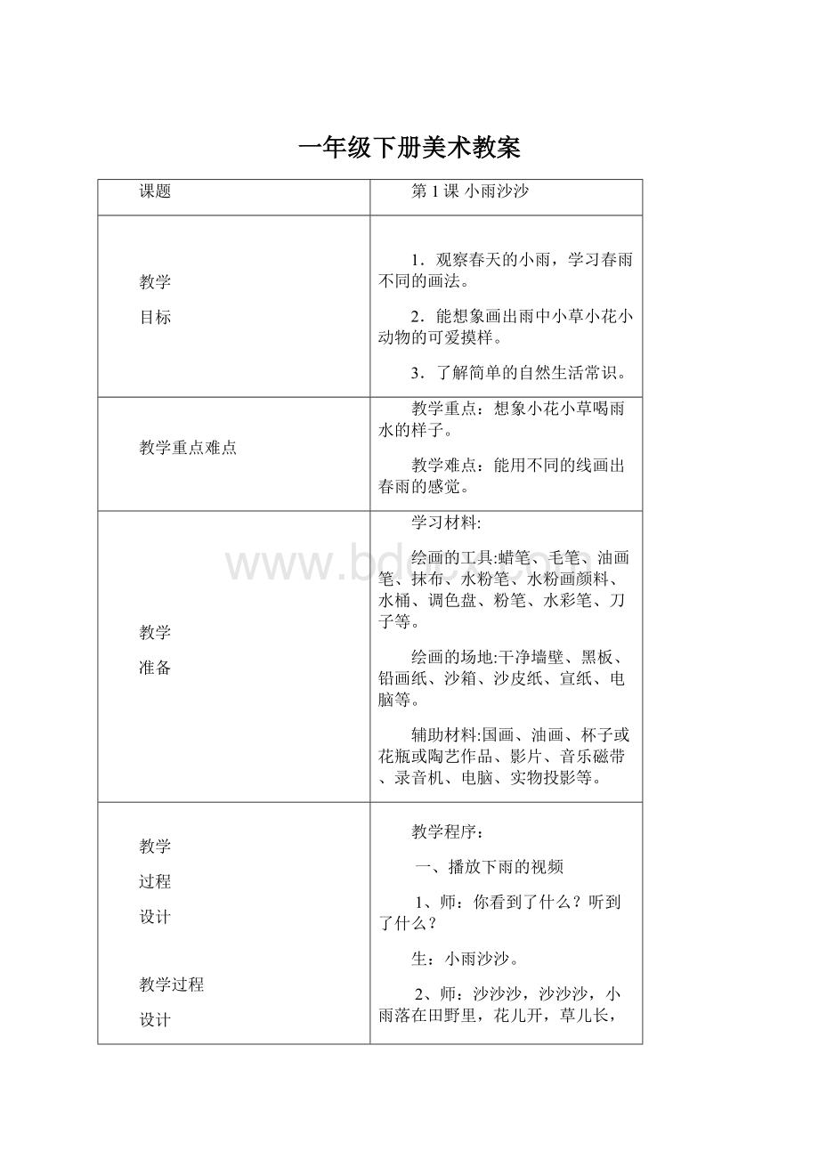 一年级下册美术教案Word文件下载.docx