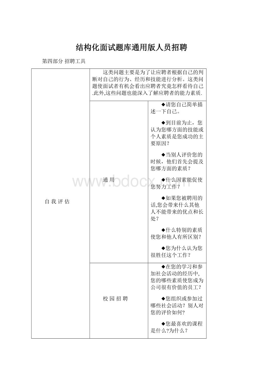 结构化面试题库通用版人员招聘.docx_第1页