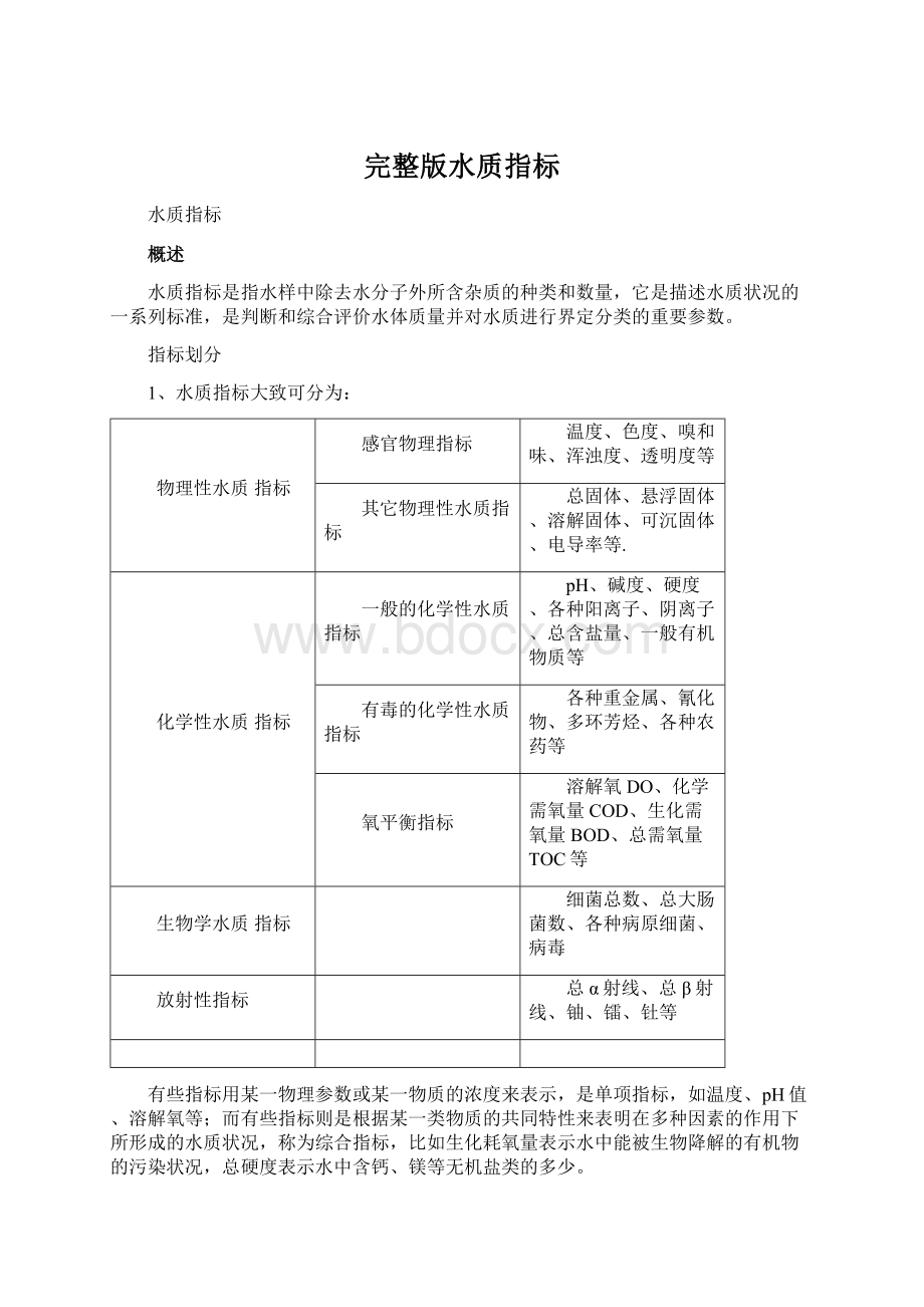 完整版水质指标Word格式文档下载.docx