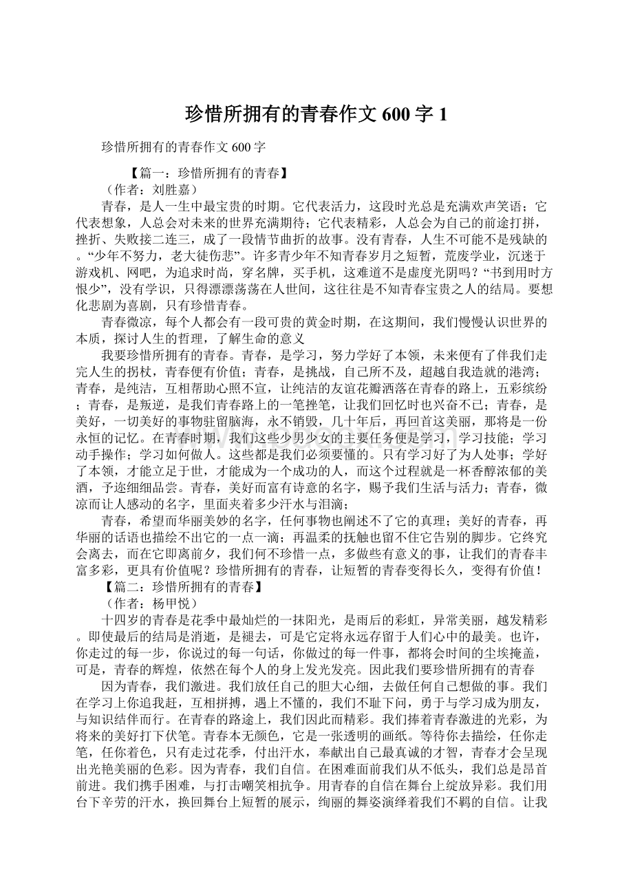 珍惜所拥有的青春作文600字1.docx_第1页