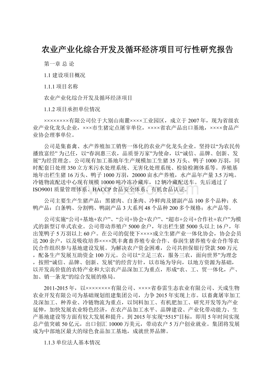 农业产业化综合开发及循环经济项目可行性研究报告Word文档格式.docx