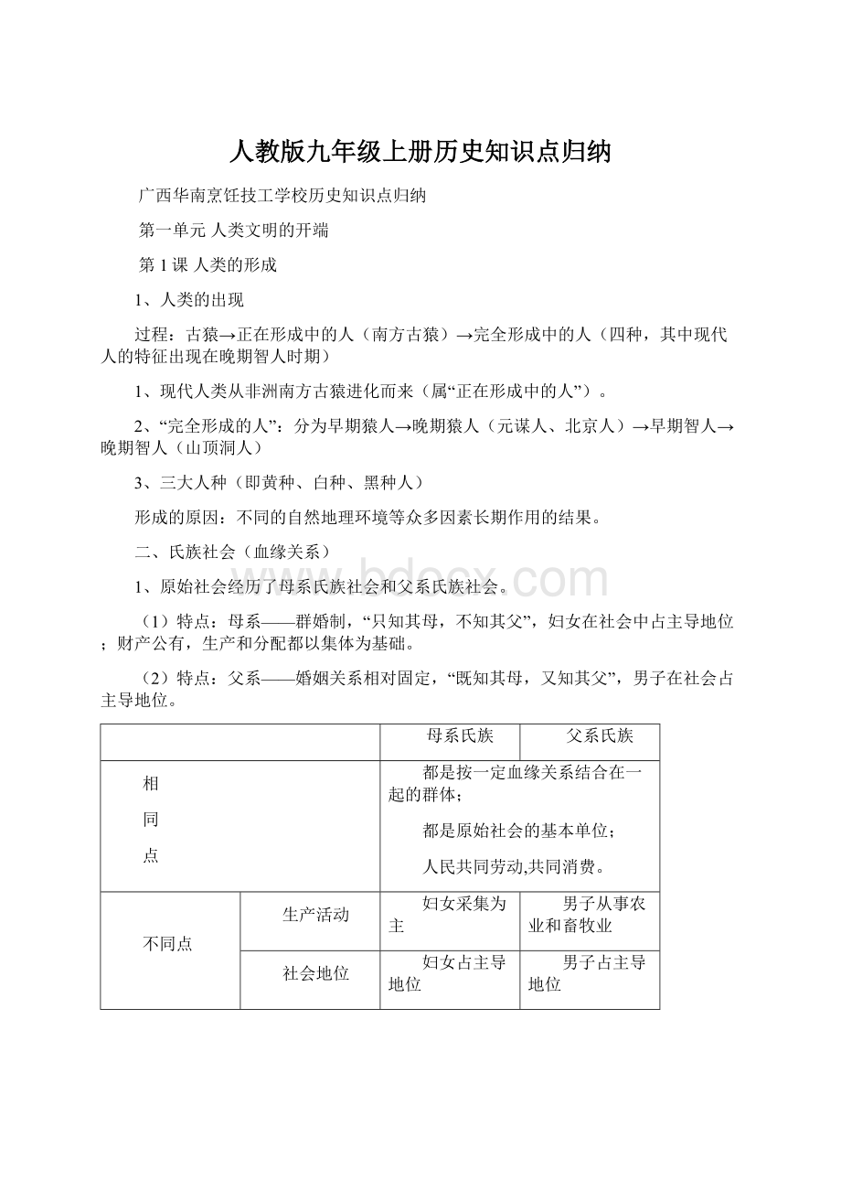 人教版九年级上册历史知识点归纳.docx