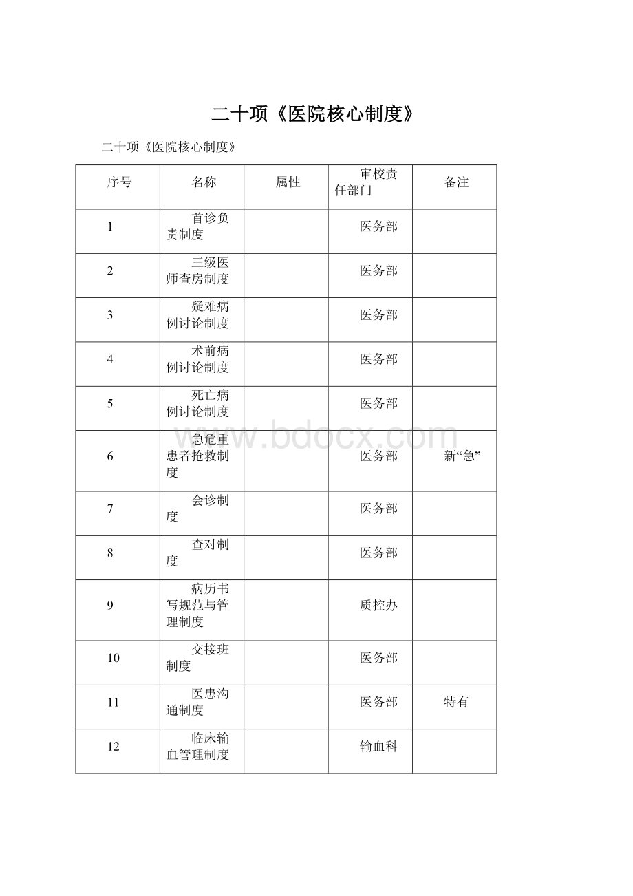 二十项《医院核心制度》Word下载.docx