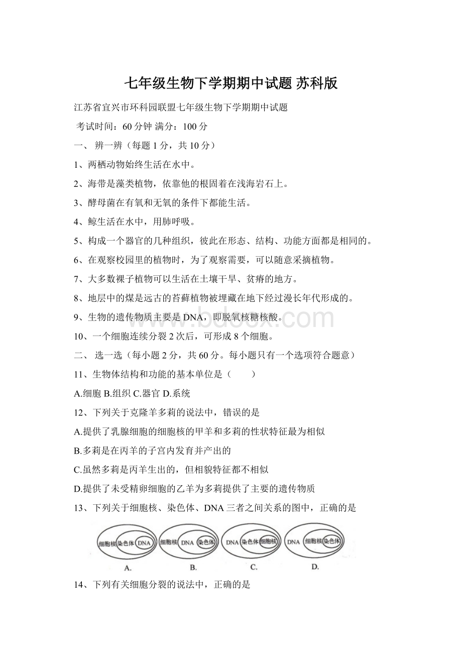 七年级生物下学期期中试题 苏科版Word文档下载推荐.docx