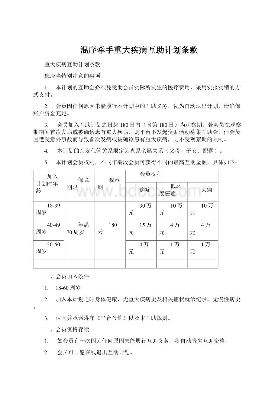 混序牵手重大疾病互助计划条款Word下载.docx