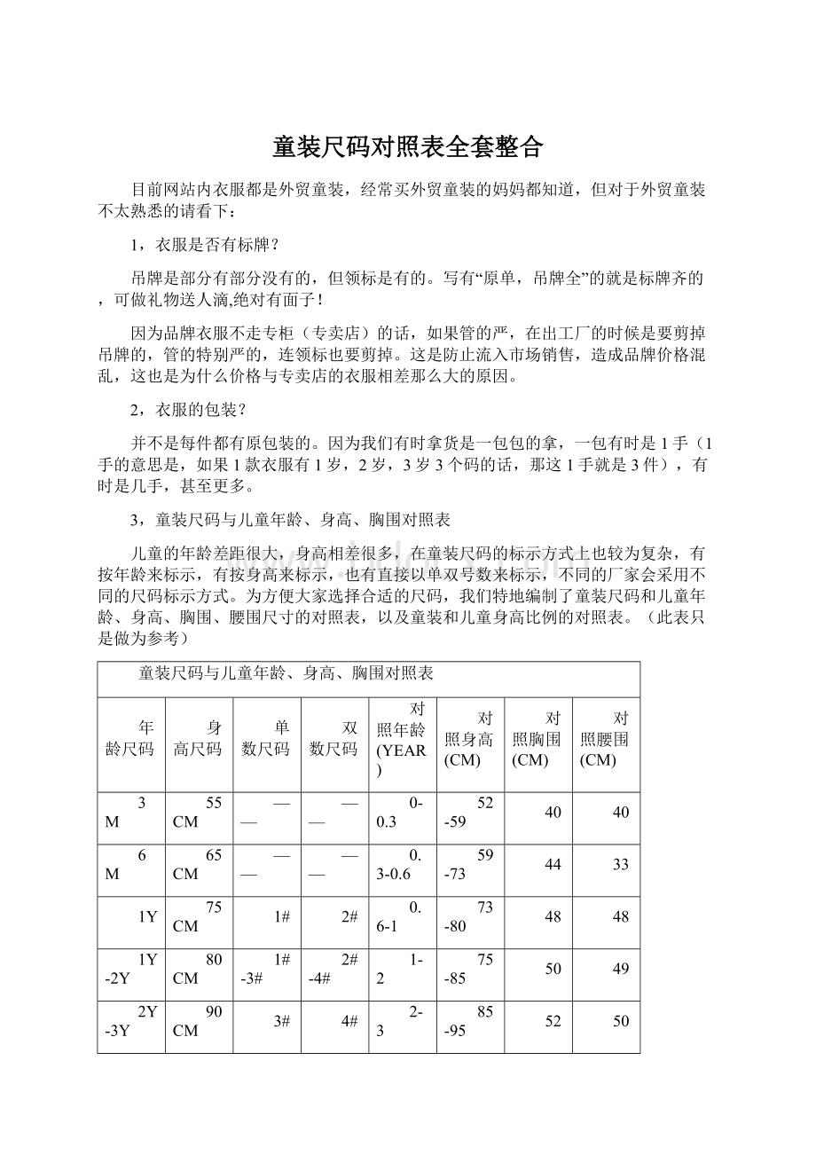 童装尺码对照表全套整合Word文档下载推荐.docx