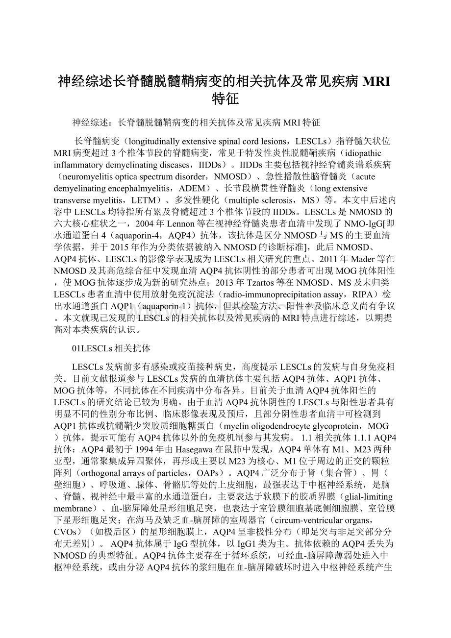 神经综述长脊髓脱髓鞘病变的相关抗体及常见疾病MRI特征.docx