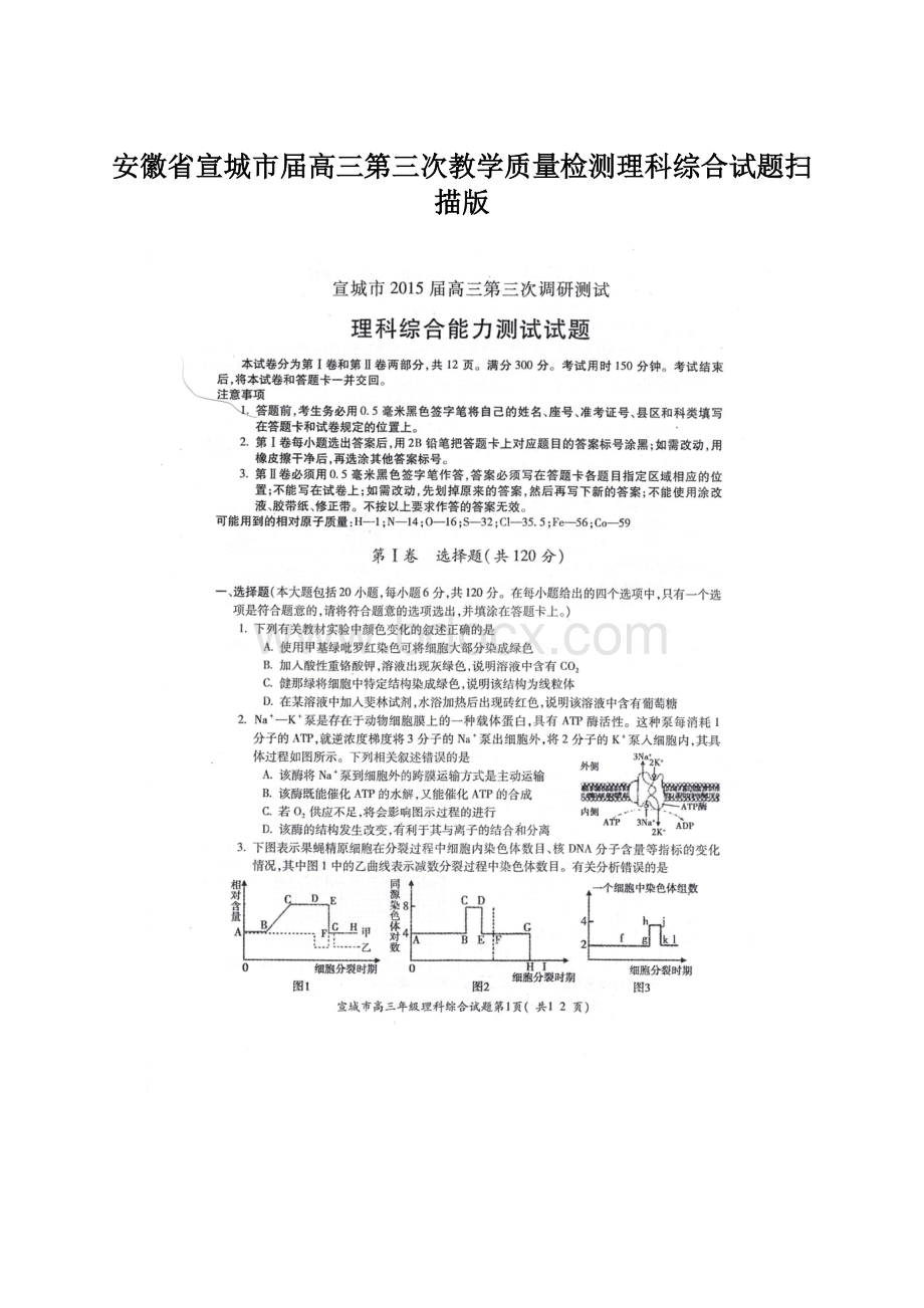 安徽省宣城市届高三第三次教学质量检测理科综合试题扫描版Word文档下载推荐.docx