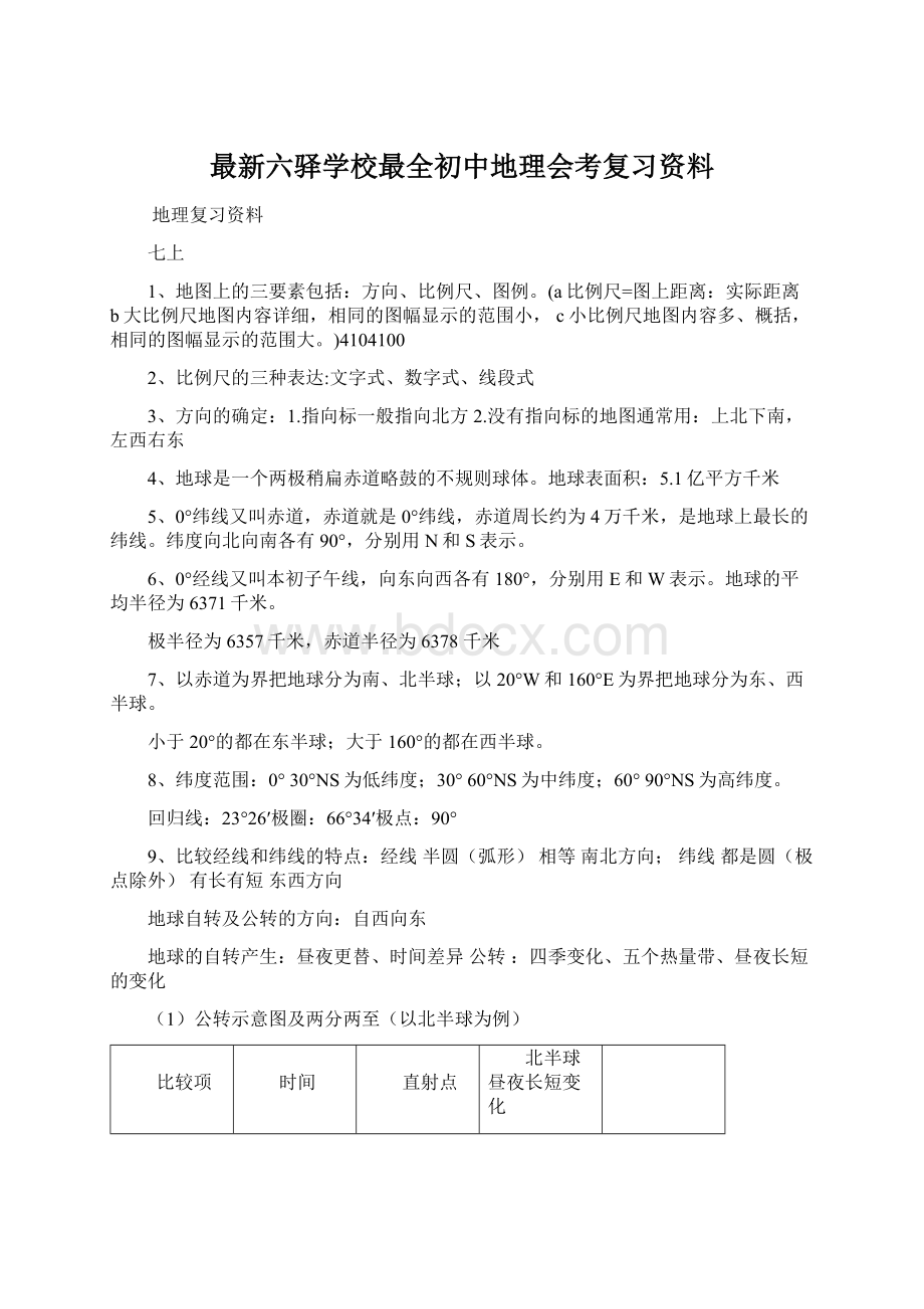 最新六驿学校最全初中地理会考复习资料Word文档下载推荐.docx