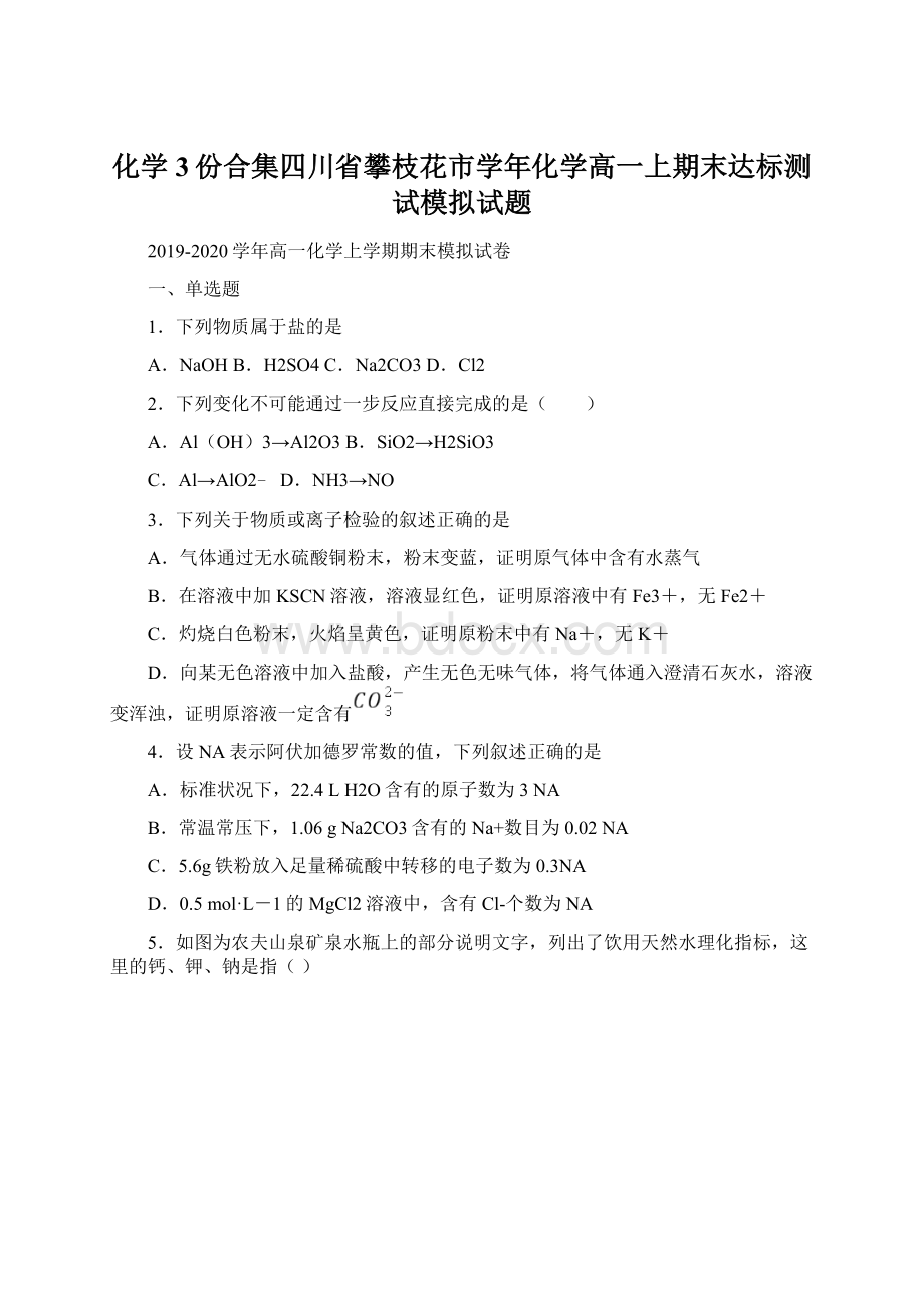 化学3份合集四川省攀枝花市学年化学高一上期末达标测试模拟试题.docx