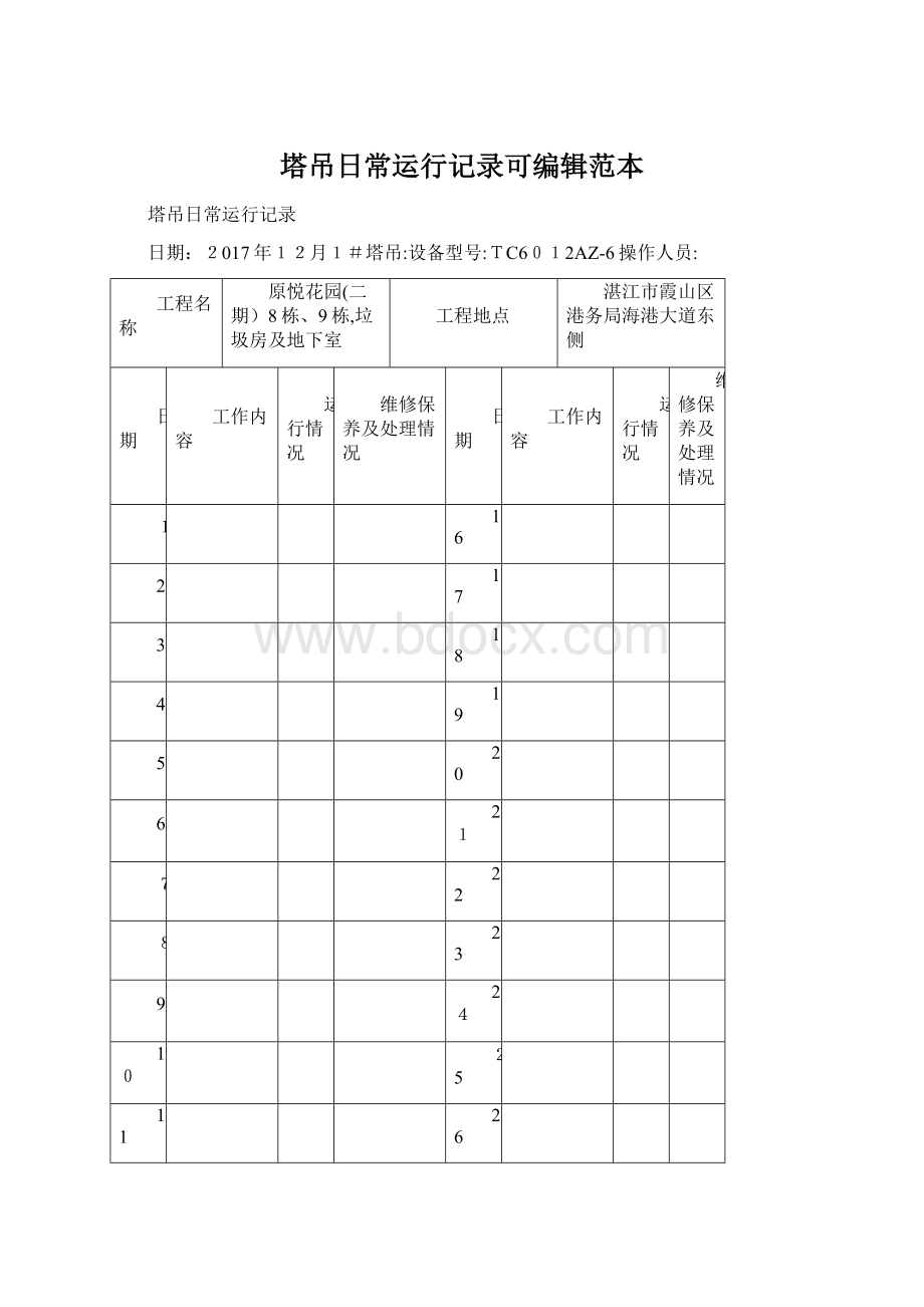 塔吊日常运行记录可编辑范本Word文档下载推荐.docx