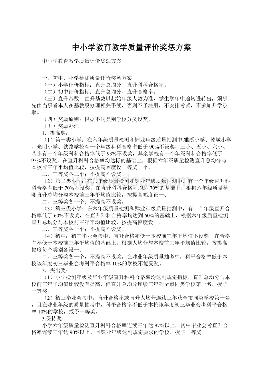 中小学教育教学质量评价奖惩方案Word下载.docx