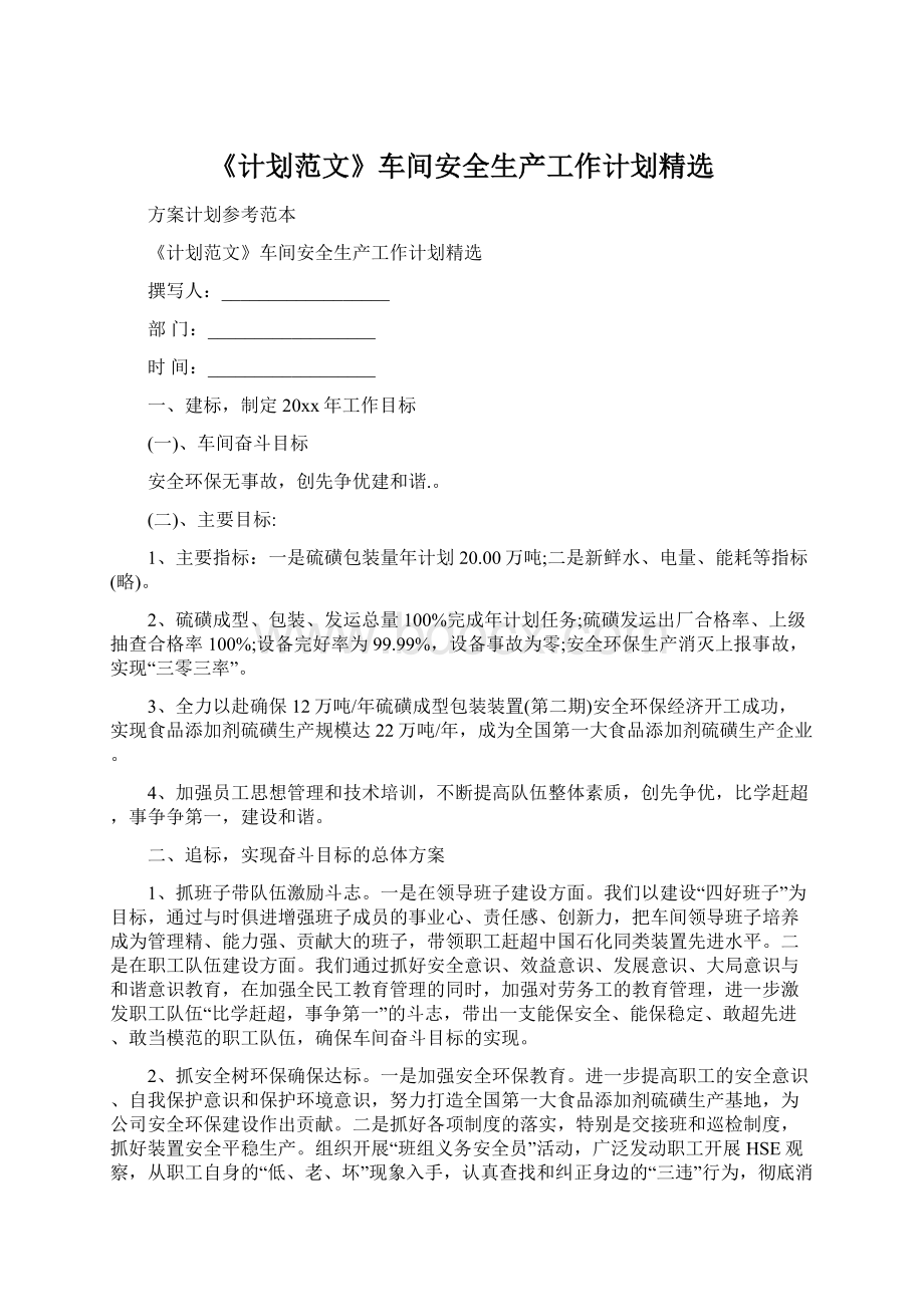 《计划范文》车间安全生产工作计划精选.docx_第1页