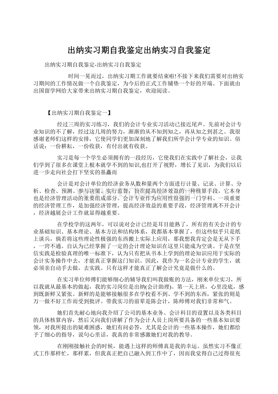 出纳实习期自我鉴定出纳实习自我鉴定Word文档格式.docx